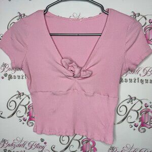 Garage tshirt top pink ribbon 🎀 bow tie up middle ribbed fabric stretchy cute